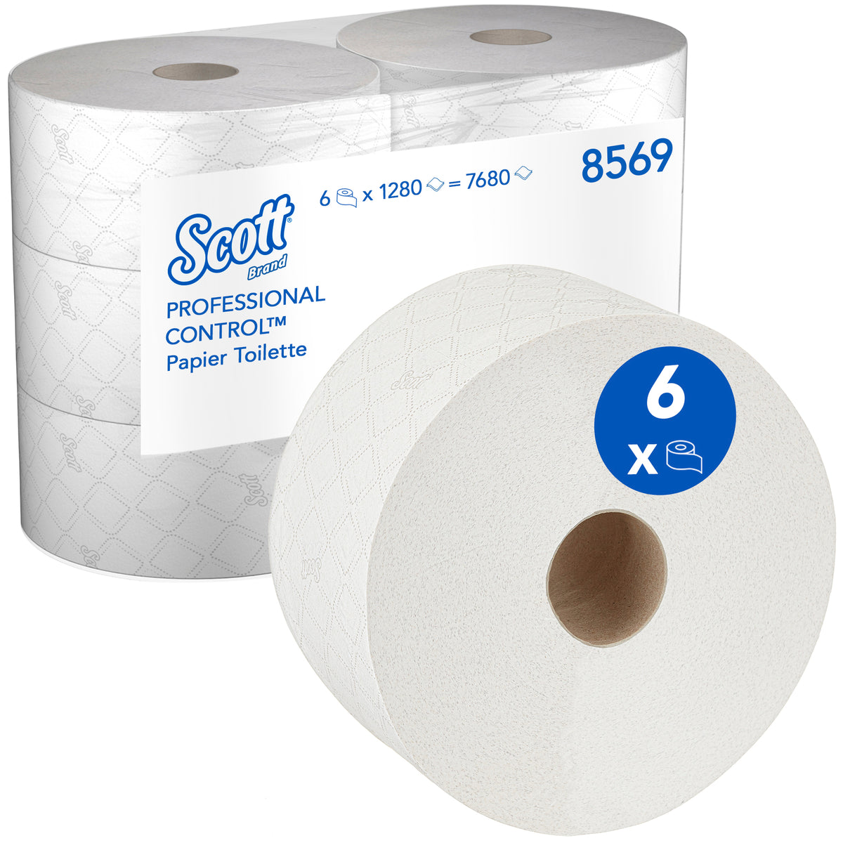 PAPIER TOILETTE À DÉVIDAGE CENTRAL SCOTT® CONTROL BLANC 1280 FORMATS 2 PLIS ECOLABEL X6