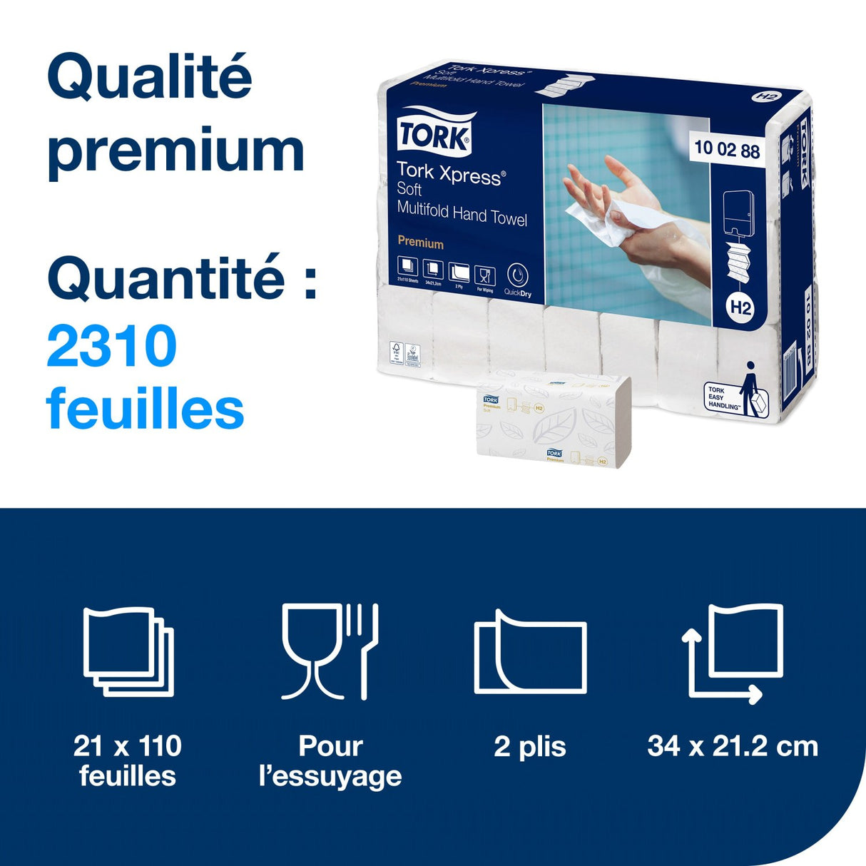 ESSUIE-MAINS PLIÉS EN M TORK® PREMIUM H2 BLANC 34X21.2CM 110 FORMATS 2 PLIS ECOLABEL X21