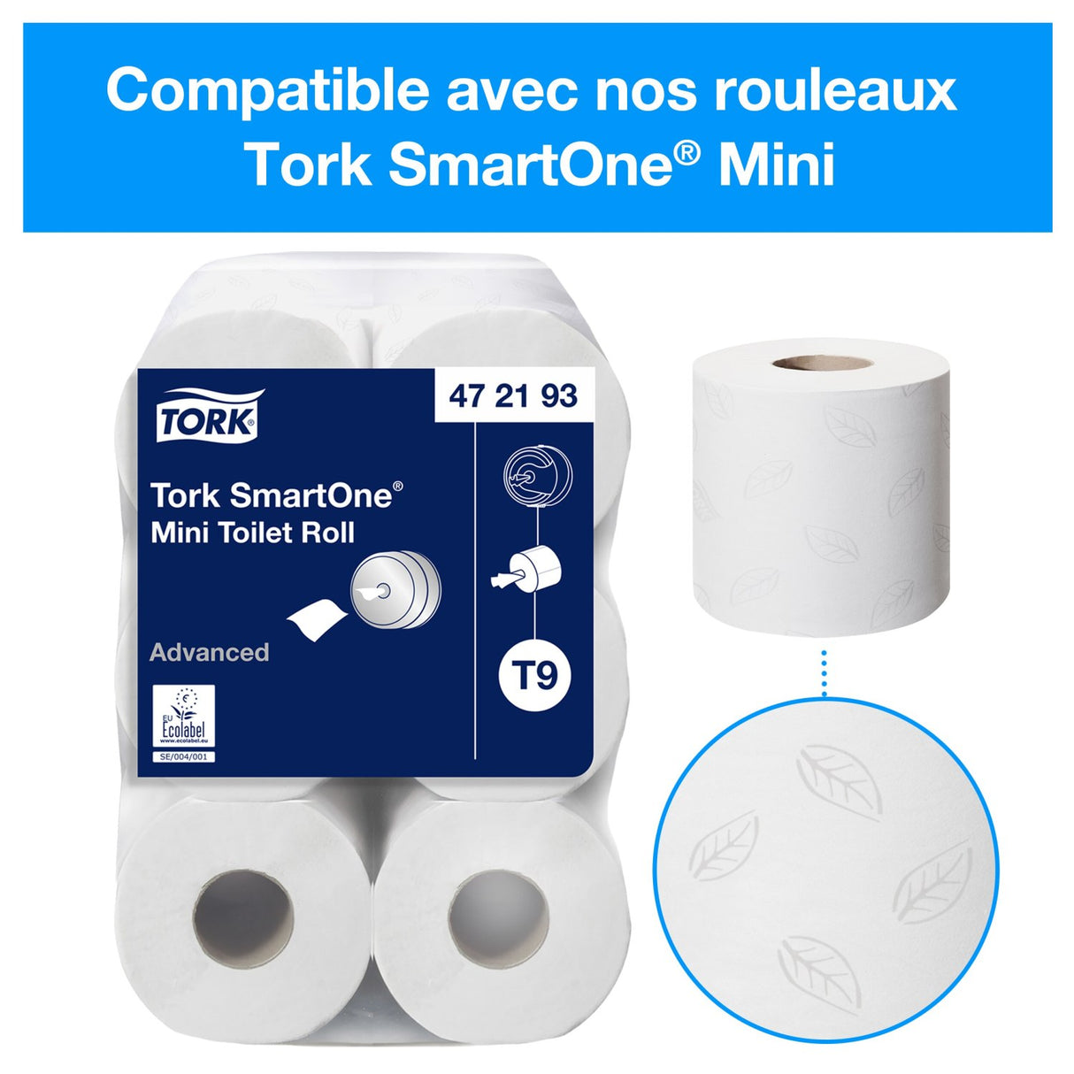 DISTRIBUTEUR DE PAPIER TOILETTE À DÉVIDAGE CENTRAL TORK SMARTONE® MINI DOUBLE T9 BLANC