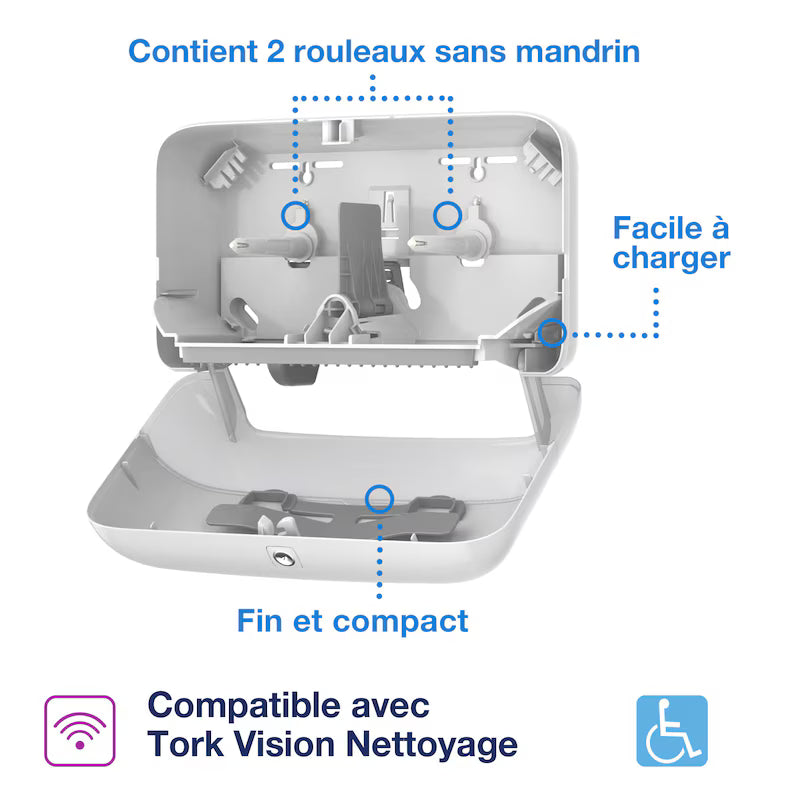 DISTRIBUTEUR DE PAPIER TOILETTE DOUBLE PETIT ROULEAU TORK OPTISERVE® T7 BLANC