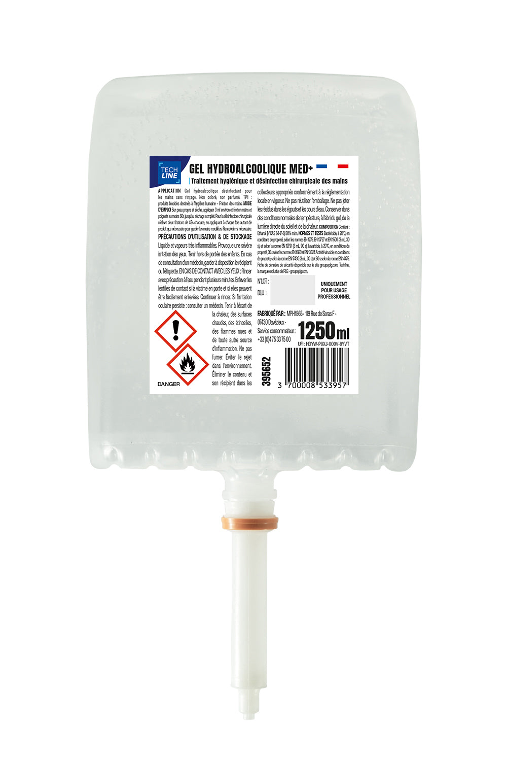 GEL HYDROALCOOLIQUE MED+ TECHLINE CARTOUCHE 1250ML X9