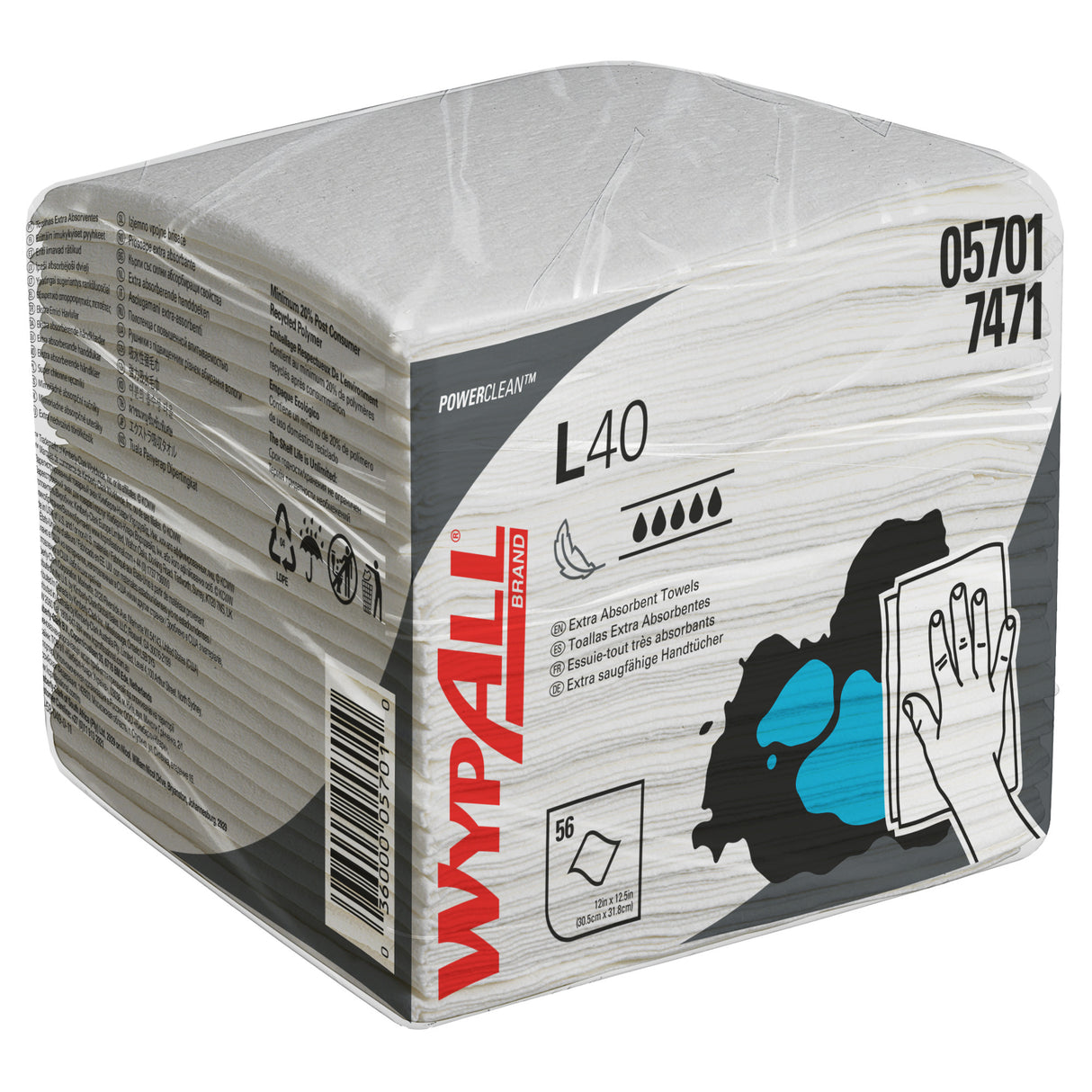 LAVETTE NON TISSEE USAGE UNIQUE WYPALL L40 BLANC 56 FORMATS 31,5X33CM X18