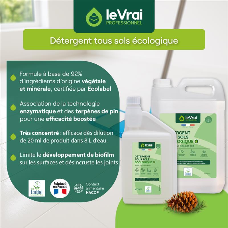 DETERGENT SOLS ET MULTI SURFACES CONCENTRE ECOLABEL LE VRAI PROFESSIONNEL 1L DOSEUR