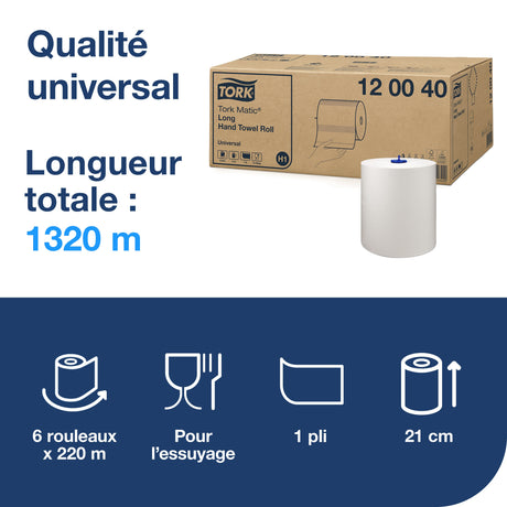 ESSUIE-MAINS ROULEAU TORK MATIC® UNIVERSAL H1 BLANC 220M 1 PLI ECOLABEL X6