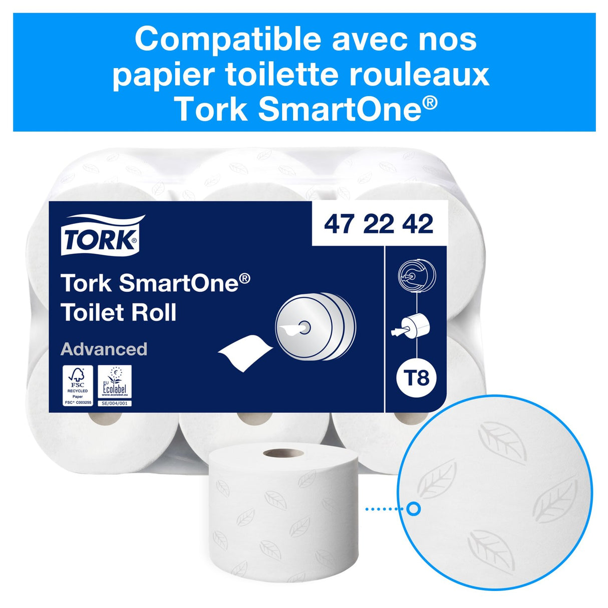 DISTRIBUTEUR DE PAPIER TOILETTE À DÉVIDAGE CENTRAL TORK SMARTONE® T8 INOX