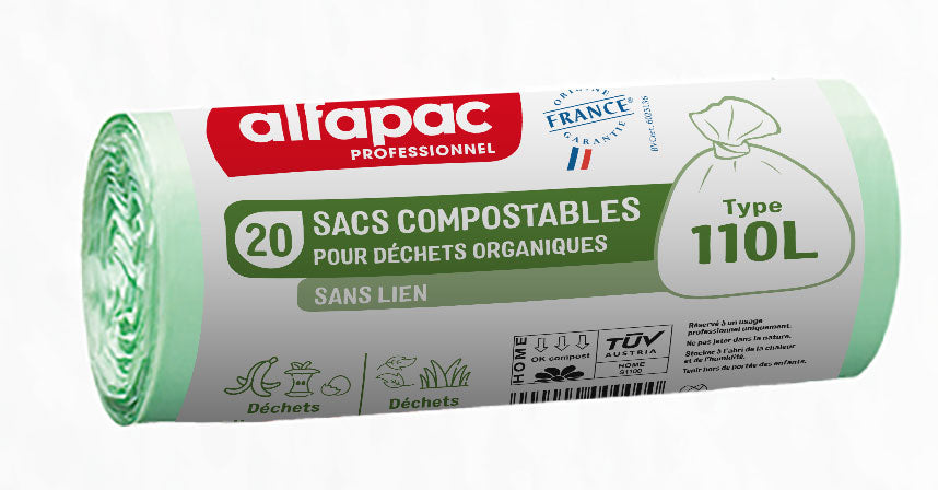 SAC POUBELLE 110L COMPOSTABLE DECHETS MOYENS SANS LIEN VERT X200