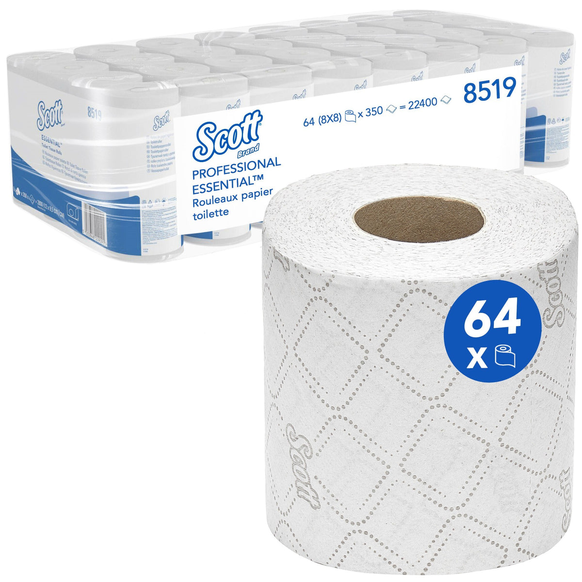 PAPIER TOILETTE PETIT ROULEAU SCOTT® ESSENTIAL BLANC 350 FORMATS 2 PLIS ECOLABEL X64