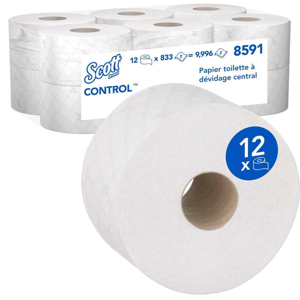 PAPIER TOILETTE À DÉVIDAGE CENTRAL SCOTT® CONTROL MINI TWIN BLANC 833 FORMATS 2 PLIS ECOLABEL X12