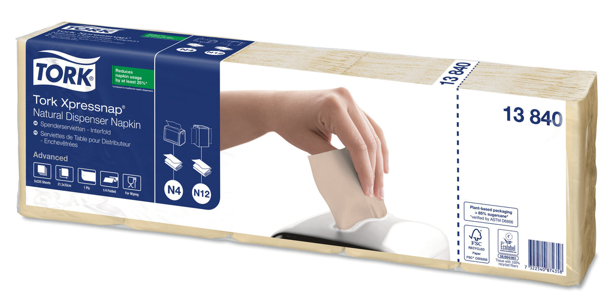 SERVIETTE POUR DISTRIBUTEUR 21.3X16.5CM TORK® XPRESSNAP® N4 1 PLI NATUREL X9000