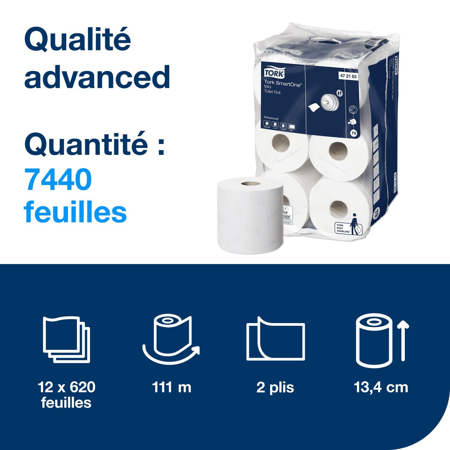 PAPIER TOILETTE À DÉVIDAGE CENTRAL TORK SMARTONE® T9 BLANC 620 FORMATS 2 PLIS ECOLABEL X12