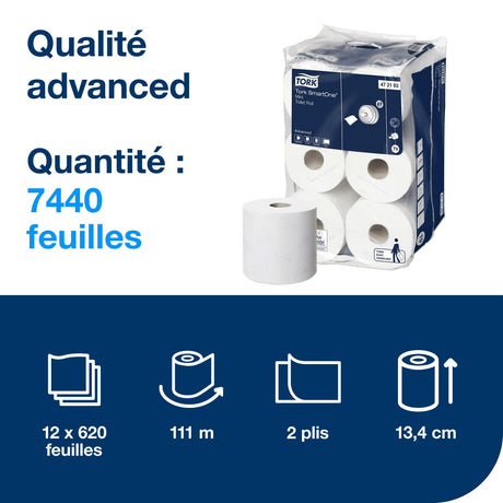 PAPIER TOILETTE À DÉVIDAGE CENTRAL TORK SMARTONE® T9 BLANC 620 FORMATS 2 PLIS ECOLABEL X12