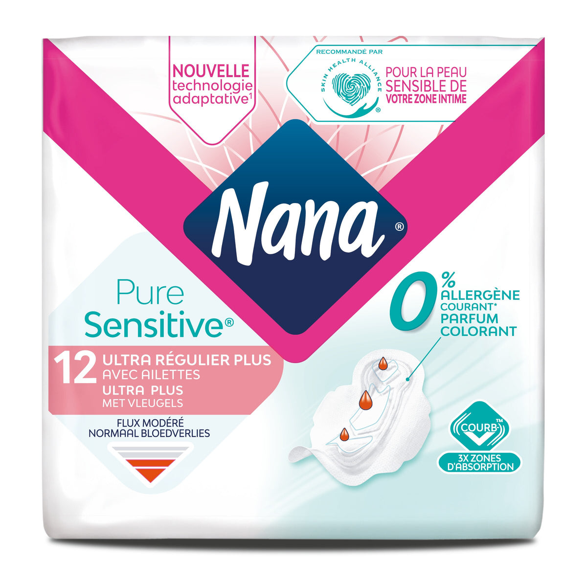 SERVIETTES HYGIÉNIQUES NANA ULTRA RÉGULIER PLUS PURE SENSITIVE X12